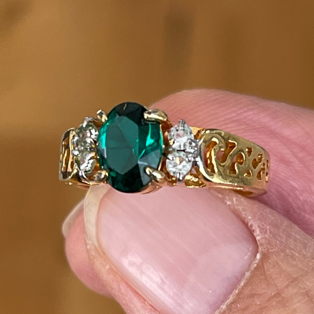 14k Gold Electroplated Emerald Green Ring Gem